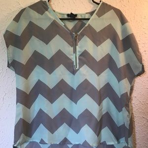 Teal and gray zig zag striped high low zip up top